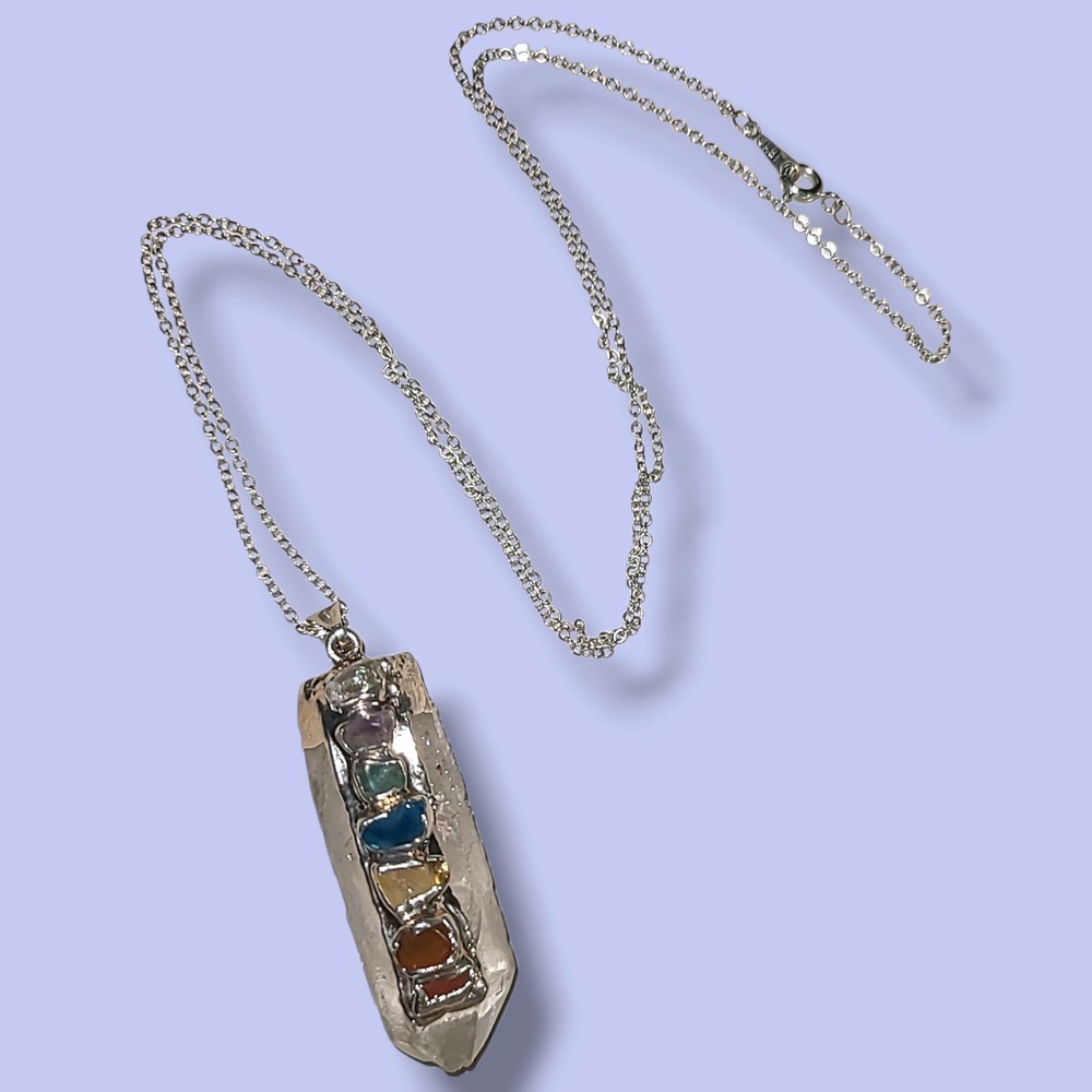 Vintage 7 Chakra Stone Quartz Crystal Pendant Necklace 18K GP Silver Tone 24"